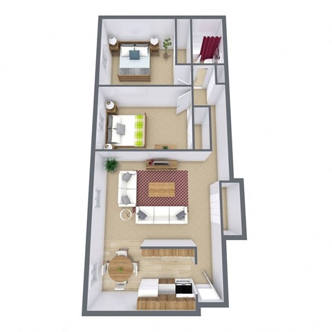 Floor plan for 2 beds, 1 bath, 945 sqft